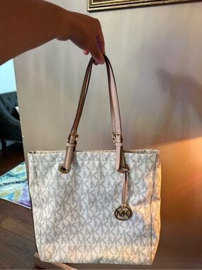Michael Kors Cream MK Logo Tote with Pale Pink Trim